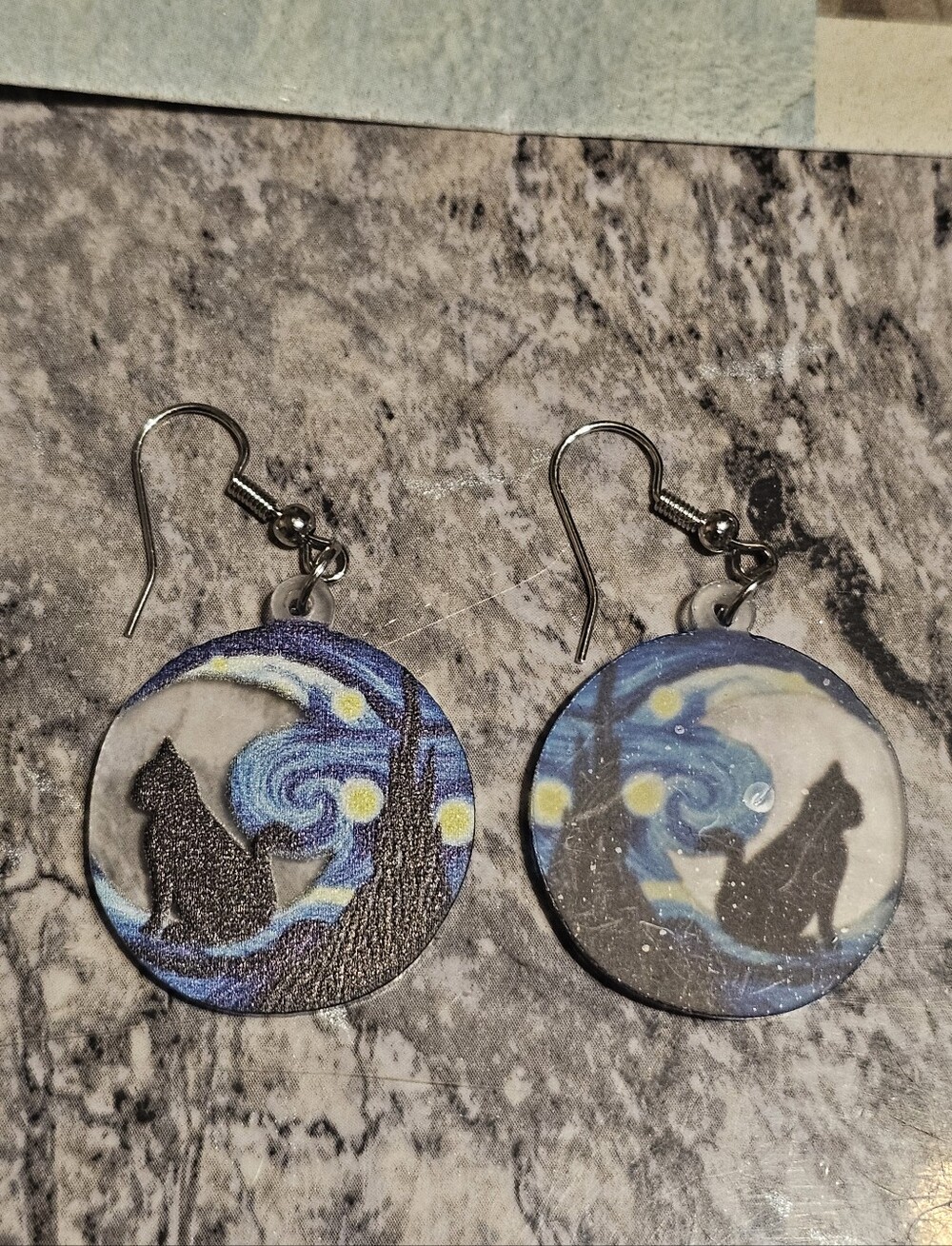 Silver Tone Moon & Black Cat Dangle Earrings